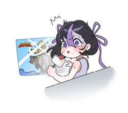  1girl biting black_hair blush cake cake_slice chair commentary english_text food fork goddess_of_victory:_nikke highres holding holding_fork looking_back multicolored_hair pink_ribbon purple_streaks ribbon robot shirt short_hair sleeveless sleeveless_shirt solo strawberry_shortcake streaked_hair sweat syuen_(nikke) television violet_eyes wge white_background white_shirt 