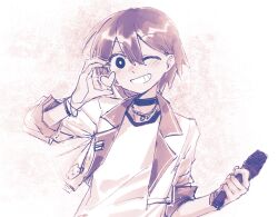  1boy alternate_costume bright_pupils center-flap_bangs chinese_commentary choker commentary_request cropped_jacket grin hair_behind_ear heart holding holding_microphone jewelry kel_(faraway)_(omori) kel_(omori) lapels long_sleeves looking_at_viewer male_focus microphone monochrome necklace notched_lapels omori one_eye_closed sepia shirt short_hair simple_background sketch sleeves_rolled_up smile solo teeth upper_body y_h 
