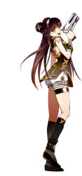  1girl ankle_belt back_cutout belt black_choker black_pants black_shoes black_socks blunt_bangs bracelet braid braided_bun breasts brown_hair camisole chain chinese_clothes choker clothing_cutout concept_art double_bun easu_(park_jihye) gun hair_bun hairband handgun holding holding_gun holding_weapon jewelry kneehighs leg_warmers long_hair looking_at_viewer medium_breasts multiple_belts multiple_bracelets official_art open_clothes open_shirt pants s4_league see-through_clothes shoes shorts shoulder_tattoo socks sword tattoo thigh_strap weapon white_shorts yellow_camisole yellow_eyes 