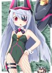  bodysuit bunny_ears bunnysuit d: eyepatch fishnet_pantyhose fishnets hand_on_hip infinite_stratos laura_bodewig leotard long_hair open_mouth pantyhose pilot_suit red_eyes reku silver_hair solo very_long_hair wrist_cuffs 