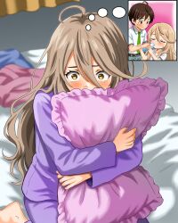  1boy 1girl ahoge bed_sheet blonde_hair blush bottle collared_shirt commentary_request drinking green_necktie hair_between_eyes hetero highres holding holding_bottle hugging_object iv_(gwps8853) long_hair long_hair_between_eyes make_heroine_ga_oo_sugiru! necktie nukumizu_kazuhiko pajamas pillow pillow_hug purple_pajamas sanpaku school_uniform shikiya_yumeko shirt sitting speech_bubble summer_uniform thought_bubble tsuwabuki_high_school_uniform wariza white_shirt yellow_eyes 