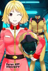  alternate_eye_color assault_visor black_boots black_gloves blonde_hair bodysuit boots brown_eyes collared_bodysuit commentary_request earth_federation_space_forces full_body gloves grin gundam helmet highres holding holding_unworn_helmet mecha_interior mecha_pilot_suit medium_hair mobile_suit_gundam sayla_mass skin_tight smile spacesuit temisu_no_nageki unworn_headwear unworn_helmet 