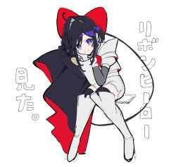  1girl black_hair boots cape cyosu_maru full_body hair_ribbon hands_on_own_cheeks hands_on_own_face jacket looking_at_viewer prosthesis prosthetic_arm red_ribbon ribbon sapphire_(princess_knight)_(the_ribbon_hero) sapphire_(the_ribbon_hero) short_hair shorts sitting smile solo the_ribbon_hero thigh_boots thigh_strap violet_eyes white_background white_boots white_jacket white_shorts 