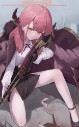  absurdres aru_(blue_archive) bare_legs black_hair blue_archive commentary_request demon_horns gloves gun halo highres horns jacket jacket_on_shoulders long_hair neck_ribbon red_hair red_halo red_ribbon ribbon rifle shirt sidelocks sniper_rifle weapon white_gloves white_shirt yellow_eyes yoshiharu_auf 