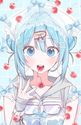  1girl :d absurdres arahashi_tabi arm_at_side bandana blue_background blue_eyes blue_hair bow cherry commentary_request detached_sleeves double-parted_bangs double_bun fingernails food food_in_mouth fruit goggles goggles_around_neck grey_hoodie grid_background hair_bun hand_up highres hood hood_down hoodie korean_commentary long_sleeves looking_at_viewer multicolored_hair myata_ne open_mouth plaid_bow sleeveless sleeveless_hoodie sleeves_past_wrists smile solo stellive straight-on streaked_hair upper_body virtual_youtuber white_bandana white_bow white_streaks 