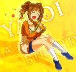  bag brown_hair closed_eyes eating eyes_closed food hamburger happy_birthday idolmaster kusanagi_kaoru long_hair purse raglan_sleeves solo takatsuki_yayoi twintails 