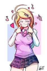  1girl akamatsu_kaede antenna_hair blonde_hair blush breasts closed_mouth collared_shirt commentary cowboy_shot danganronpa_(series) danganronpa_v3:_killing_harmony dated emeruga english_commentary eyelashes fingers_to_cheeks hair_ornament heart highres long_hair long_sleeves musical_note musical_note_hair_ornament musical_note_print necktie outline pink_eyes pink_necktie print_skirt purple_skirt purple_sweater_vest redrawn shirt signature simple_background skirt smile solo sweater_vest white_outline white_shirt 