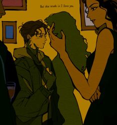  1boy 1girl blush brown_hair clamchowder55 commentary dress english_text highres hood hoodie jacket long_hair marvel michelle_"mj"_jones outdoors parted_lips peter_parker profile short_hair spider-man:_brand_new_day spider-man_(series) 