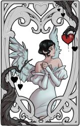  1girl alien_stage angel_wings bare_shoulders black_hair bymerime dress heart highres juliet_sleeves long_sleeves off-shoulder_dress off_shoulder official_alternate_costume puffy_sleeves short_hair sleeves_past_wrists solo sua_(alien_stage) thick_eyebrows white_dress white_wings wings 