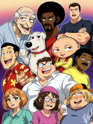  2girls 6+boys afro animification aqua_shirt baby backwards_hat baseball_cap black_hair blonde_hair blue_eyes blue_shirt blush brian_griffin brother_and_sister brothers brown_hair cleveland_brown collared_shirt crossed_arms cup dark-skinned_male dark_skin djofficial98 dog dog_boy double_chin facial_hair family family_guy fat father_and_child father_and_daughter father_and_son floral_print floral_print_shirt glass glasses glenn_quagmire goatee gradient_background hat hawaiian_shirt highres holding holding_cup husband_and_wife jerome_(family_guy) joe_swanson john_herbert_(family_guy) lois_griffin lotion_bottle meg_griffin mother_and_child mother_and_daughter mother_and_son multiple_boys multiple_girls mustache old old_man orange_hair parent_and_child peter_griffin pink_hat pink_shirt print_shirt red_shirt round_eyewear shirt short_hair siblings stewie_griffin white_dog white_hair yellow_shirt 