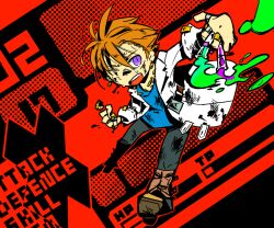  1boy armor black_pants brown_shoes coat commentary_request dirty dirty_clothes dirty_face earrings english_text greaves holding holding_test_tube jewelry lab_coat male_focus medic_(sekaiju) medic_3_(sekaiju) motimamire one_eye_closed open_mouth orange_hair pants red_background sekaiju_no_meikyuu sekaiju_no_meikyuu_1 shoes short_hair solo sweat teeth test_tube upper_teeth_only violet_eyes white_coat 