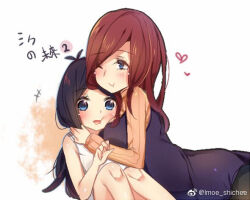  +++ 2girls :d :t aged_up antenna_hair black_dress black_hair blue_eyes blush breast_press breasts brown_hair character_name cheek_press chinese_commentary closed_mouth commentary_request cowboy_shot dress go-toubun_no_hanayome happy heart hug if_they_mated imoe_(1017933989) knees_up large_breasts long_hair long_sleeves mother_and_child mother_and_daughter multiple_girls nakano_miku one_eye_closed open_mouth orange_sweater parent_and_child ribbed_sweater simple_background sitting sleeveless sleeveless_dress smile sweater translation_request twitter_username white_background white_dress 
