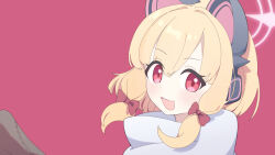  1girl :3 :d animal_ear_headphones animal_ears blonde_hair blue_archive blush bow cat_ear_headphones cat_ears commentary_request double-parted_bangs dro_(eveveb_414) fake_animal_ears from_side hair_between_eyes hair_bow hair_intakes halo headphones highres korean_commentary looking_at_viewer medium_hair momoi_(blue_archive) open_mouth pink_halo red_background red_bow scarf sidelocks smile solo teeth turning_head upper_body upper_teeth_only white_scarf 