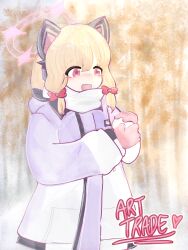  art_trade blue_archive highres holding holding_snowball loli momoi_(blue_archive) non-web_source original pink_eyes ribbon snowball snowflakes 
