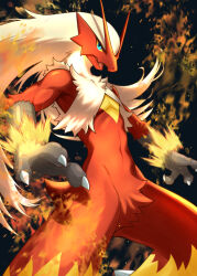  1boy blaziken blue_eyes brown_fur brown_hair claws colored_sclera fire furry furry_male highres long_hair netiel open_mouth pokemon pokemon_(creature) pokemon_focus red_fur solo yellow_sclera 
