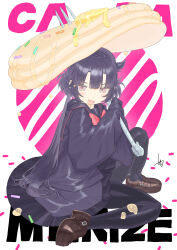  1girl absurdres akaishi_kuroe black_hair black_pantyhose black_serafuku black_skirt blush bow commentary_request copyright_name elbows_on_knees food fork hair_horns highres holding holding_fork long_hair long_sleeves looking_at_viewer muzinneki official_art on_ground open_mouth otome_kaijuu_carameliser oversized_food oversized_fork oversized_object pancake pantyhose pink_eyes red_bow school_uniform serafuku shoes signature simple_background sitting skirt sleeves_past_wrists solo twintails very_long_hair wariza white_background 