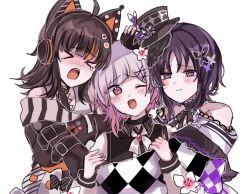  >_< 3girls :d ;d ahoge animal_ear_headphones animal_ears arm_belt bare_shoulders belt_collar beret black_choker black_coat black_hair black_hat black_kimono black_sweater bow butterfly_hair_ornament butterfly_hat_ornament cat_ear_headphones cat_ears checkered_sleeves choker closed_mouth coat collar collared_coat dress eyeball_hair_ornament fake_animal_ears fang flower furisode gradient_hair hair_flower hair_ornament hat hat_flower hat_ornament hat_ribbon headphones highres housho_margo hug japanese_clothes kimono lolita_fashion long_sleeves looking_at_viewer mahou_shoujo_no_majo_saiban multicolored_hair multiple_girls neck_ribbon off-shoulder_dress off-shoulder_sweater off_shoulder one_eye_closed open_mouth orange_streaks pink_eyes pink_hair ribbon sakuraba_ema sawatari_coco sharp_teeth shirt short_hair simple_background single_bare_shoulder sleeveless sleeveless_coat smile streaked_hair sweater tearing_up teeth top_hat tosiosito upper_teeth_only violet_eyes wa_lolita white_background white_flower white_hair white_ribbon white_shirt white_sleeves wide_sleeves x_hair_ornament yuri 