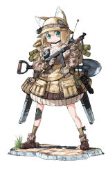  1girl ammunition_pouch animal_ears blonde_hair blue_eyes boots bow brown_boots camouflage combat_helmet commentary_request desert_camouflage explosive grenade gun gun_sling handgun hat hat_bow headlamp helmet knee_pads load-bearing_equipment optical_sight original pouch radio_antenna revolver short_hair shovel single_knee_pad skirt socks standing submachine_gun thompson_submachine_gun weapon white_background y_(khakiyawn) 