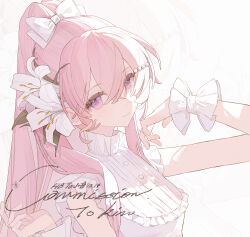  1girl bib_collar bow closed_mouth commission crossed_bangs flower frilled_wrist_cuffs frills hair_between_eyes hair_bow hair_ornament hairclip hands_up high_collar highres long_hair mihuashi_commission original pink_eyes pink_hair ponytail shan_ka_touge shirt sleeveless sleeveless_shirt smile solo upper_body watermark white_bow white_flower wrist_cuffs zoom_layer 