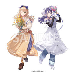  2girls apron blonde_hair blue_bow blue_eyes blue_hair blue_pants blue_skirt bow bracelet brown_dress brown_shoes closed_mouth commentary company_name copyright_notice dress earrings flower full_body green_eyes grey_sweater hair_bow hair_ornament hairclip headscarf hkina7 holding holding_flower jewelry kaburaki_roco long_hair long_sleeves looking_at_viewer maid multiple_girls nijisanji off-shoulder_dress off_shoulder official_alternate_costume official_art one_eye_closed pants pants_under_dress ponto_nei sample_watermark shoes simple_background skirt sleeves_past_wrists smile sneakers socks suspender_skirt suspenders suspenders_slip sweater virtual_youtuber waist_bag watermark white_apron white_background white_dress white_shoes yellow_flower yellow_socks 