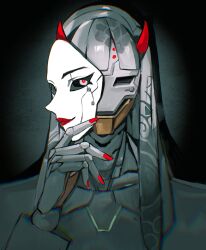  1girl absurdres blunt_bangs commentary haxinssy highres horns long_hair looking_at_viewer omnic overwatch red_eyes red_horns red_lips red_nails removing_mask robot_girl shion_(overwatch) white_hair 
