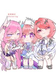  3girls absurdres black_shorts blush_stickers breasts chinese_commentary color_connection commentary_request company_connection corset cyrene_(demiurge)_(honkai:_star_rail) cyrene_(honkai:_star_rail) diamond-shaped_pupils diamond_(shape) dress elysia_(herrscher_of_human:_ego)_(honkai_impact) elysia_(honkai_impact) feathered_wings hair_color_connection hair_ornament highres honkai:_star_rail honkai_(series) honkai_impact_3rd inoue_marina ji_jian_moshi long_hair looking_at_viewer medium_breasts medium_hair multiple_girls pink_hair pointy_ears remielle_dan short_shorts shorts simple_background symbol-shaped_pupils very_long_hair violet_eyes voice_actor_connection white_background white_corset white_dress white_wings wings yanning zenless_zone_zero 