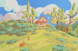  1other ambiguous_gender artist_name beetle blue_sky bug cape clouds cloudy_sky commentary creature crescent_moon day english_commentary fantasy field grass hat highres hill horse moon original outdoors purple_cape red_hat rock scenery sky tektober tree walking wide_shot 