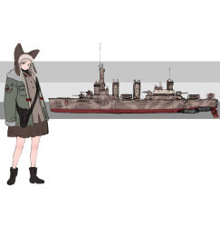  1girl animal_ear_headwear blonde_hair blue_eyes boots bow braid camouflage commentary_request fur-trimmed_headwear fur_trim hair_bow holster insignia jacket mars_expedition military military_jacket military_vehicle multiple_hair_bows radar radio_antenna ship ship_turret skirt twin_braids warship watercraft white_background y_(khakiyawn) 