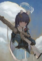  1girl absurdres animal_ears belt belt_pouch binoculars black_gloves black_hair blue_archive blue_serafuku blue_shirt blue_skirt blue_sky bolt_action clouds commentary cowboy_shot day fake_animal_ears flashlight gloves grey_halo gun halo highres holding holding_gun holding_weapon leaf leaf_on_head leaf_print long_hair long_sleeves looking_at_viewer miniskirt miyu_(blue_archive) mosin-nagant pantyhose pleated_skirt pouch rabbit_ears red_eyes rifle sailor_collar school_uniform scope serafuku shirt skirt sky solo subfiction tactical_school_uniform weapon white_pantyhose white_sailor_collar 