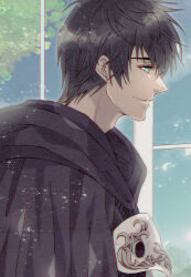  1boy black_capelet black_hair black_robe capelet commentary_request final_fantasy final_fantasy_xiv green_eyes hermes_(ff14) hood hood_down hooded_capelet hooded_robe male_focus mask mask_around_neck robe short_hair smile solo sophist's_robe_(ff14) tree unworn_mask window yuzuriko_red 