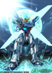  after_war_gundam_x cannon commentary_request copyright_logo copyright_name copyright_notice energy_cannon full_moon green_eyes gundam gundam_arsenal_base gundam_x holding holding_cannon holding_weapon logo mecha mecha_focus mobile_suit moon moyashi_koubou no_humans official_art robot satellite_cannon science_fiction shoulder_cannon solo v-fin weapon 