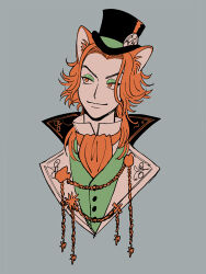  1boy ascot closed_mouth commentary_request cropped_shoulders eyeshadow fellow_honest grey_background hat kk724 makeup male_focus orange_ascot orange_eyes orange_hair simple_background solo top_hat twisted_wonderland 