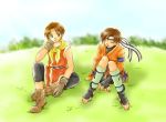  1girl barefoot brown_eyes brown_hair closed_eye closed_eyes couple eyes_closed fingerless_gloves gensou_suikoden gensou_suikoden_ii gloves headband outdoors riou robe smile suikoden suikoden_ii wakaba wakaba_(suikoden) 