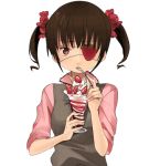  brown_eyes brown_hair eating eyepatch food fruit hair_bobbles hair_ornament holding holding_spoon lowres naname_(danbooru_maker) original parfait short_hair short_twintails solo spoon strawberry twintails 