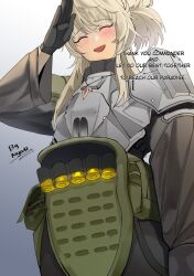  1girl absurdres ammunition armor artist_name blonde_hair breastplate closed_eyes cowboy_shot english_text gloves goddess_of_victory:_nikke gradient_background highres jewelry light_blush long_hair long_sleeves looking_at_viewer looking_down necklace nyahpa20 open_mouth pants pinne_(nikke) salute shotgun_shell smile solo standing talking white_background 