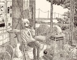  1girl animal animal_ears cat cat_ears cat_girl chair closed_mouth commentary_request crosshatching fish_skeleton_print folding_chair full_body greyscale hatching_(texture) highres indoors looking_at_viewer monochrome nigirizusi1 on_chair original pants power_lines print_sweater shoes short_hair sitting slice_of_life sneakers solo sweater traditional_media trash_can tree window 
