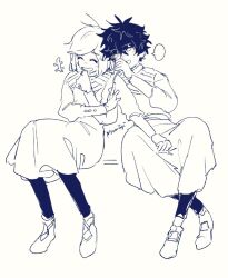  2girls agott_arklaum_(tongari_boushi_no_atelier) artist_name black_hair blush closed_eyes coco_(tongari_boushi_no_atelier) covering_own_mouth crossed_ankles curly_hair dress full_body greyscale hand_on_another's_shoulder hand_over_own_mouth laughing leaning_on_person leaning_to_the_side leggings long_dress long_sleeves looking_at_another monochrome multiple_girls myuminji shoes short_hair shoulder-to-shoulder side-by-side sitting speech_bubble tongari_boushi_no_atelier tunic whispering white_background yuri 
