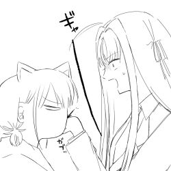  2girls ahoge animal_ears awa_subaru biting_hair cat_ears cat_girl commentary_request girls_band_cry grcr_pometa1118 greyscale hair_ribbon highres iseri_nina kemonomimi_mode long_hair low_twintails monochrome multiple_girls ribbon short_hair short_twintails sidelocks sketch twintails 