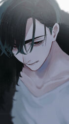  1boy alien_stage black_eyes black_hair closed_mouth commentary face_jewel fang fang_out feather_boa highres ivan_(alien_stage) male_focus official_alternate_costume red_pupils shirt short_hair solo thick_eyebrows upturned_eyes very_short_hair white_shirt z_(user_asha7224) 
