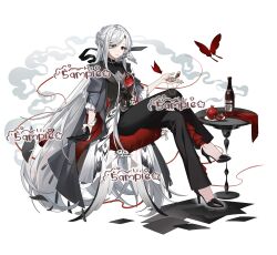  1girl absurdres alcohol black_gloves black_pants bottle braid braided_bun bug butterfly coat commentary_request commission crossed_legs cup drinking_glass food fruit full_body gloves hair_bun hair_ornament half_gloves heart_(organ) high_heels highres holding holding_cup long_hair looking_at_viewer moth open_clothes original pants pocket_watch pomegranate red_eyes shirt simple_background single_glove sitting solo table tablecloth tachi-e very_long_hair watch watermark white_background white_hair wine wine_bottle wine_glass wing_hair_ornament zixiajun 