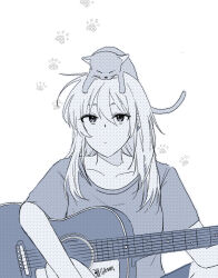  1girl acoustic_guitar cat commentary earrings gibson_brands_inc girls_band_cry grcr_pometa1118 guitar highres instrument jewelry kawaragi_momoka long_hair open_mouth shirt short_sleeves simple_background solo white_background 