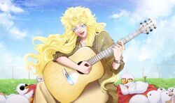  1girl bird blonde_hair blue_eyes blue_sky brown_cardigan brown_pants cardigan clouds collarbone colored_eyelashes commentary cowboy_shot day dayla_(mayumayuhoo) duck english_commentary fence field floating_hair flock floral_print flower flower_field green_shirt guitar highres infinity_nikki instrument knee_up lipstick long_hair long_sidelocks long_sleeves looking_at_animal lower_teeth_only lying makeup mayumayuhoo messy_hair nikki_(series) nostrils on_pillow on_stomach open_cardigan open_clothes open_mouth original outdoors pants playing_guitar playing_instrument print_shirt puffy_long_sleeves puffy_sleeves red_lips shirt sidelocks simple_bird singing sky smile solo stylist_(nikki) teeth the_pose very_long_hair watch watch wavy_hair wind 