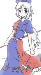  1girl arrow_(projectile) belt blue_dress blue_eyes blue_hat bow_(weapon) braid breasts chinese_commentary closed_mouth collared_dress commentary_request constellation_print dot_mouth dot_nose dress expressionless facing_viewer feet_out_of_frame frilled_dress frilled_sleeves frills hat highres holding holding_arrow holding_bow_(weapon) holding_weapon li_yun_nuo_0199 long_dress long_hair looking_to_the_side medium_breasts nurse_cap pankou puffy_short_sleeves puffy_sleeves short_sleeves simple_background single_braid sketch solo split-color_clothes standing touhou trigram two-tone_dress very_long_braid very_long_hair weapon white_background white_belt white_hair yagokoro_eirin 