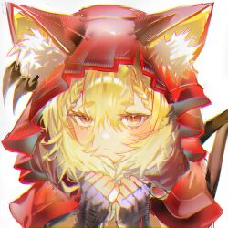  1girl absurdres animal_ear_fluff animal_ears arknights arknights:_endfield black_gloves blonde_hair blush braid braided_bangs chromatic_aberration closed_mouth commentary dated_commentary fingerless_gloves gloves hair_between_eyes highres holding_own_hair hood hood_up looking_at_viewer medium_hair oka_(prozetxxxxx) portrait red_eyes red_hood rossi_(arknights) simple_background solo white_background 