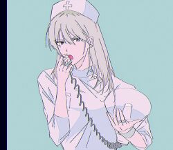  1girl blue_background commentary earclip girls_band_cry grcr_pometa1118 grey_hair hair_between_eyes hat highres honnou_(shiina_ringo) kawaragi_momoka long_hair looking_at_viewer multicolored_hair nurse nurse_cap open_mouth roots_(hair) shiina_ringo solo textless_version three-quarter_sleeves upper_body 