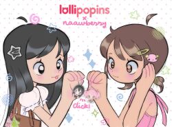  2girls :3 adorable ahoge akemi_homura bag bag_charm black_eyes black_hair brown_bag brown_eyes brown_hair cameo character_charm charm_(object) closed_mouth commentary copyright_name cute dark-skinned_female dark_skin deformed detached_ahoge double-parted_bangs dress english_commentary english_text female female_only flat_chest girl heisei_retro holding holding_charm kaname_madoka kawaii lollipopins long_hair low_twintails mahou_shoujo_madoka_magica matching_hair/eyes multiple_girls naawberry original pink_tank_top polka_dot polka_dot_background puffy_short_sleeves puffy_sleeves short_hair short_sleeves short_twintails shoulder_bag smile sparkle star star_(symbol) tank_top text tongue tongue_out twintails white_background white_dress wholesome yume_kawaii 