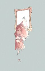  1000-nen-chan 1000-nen_ikiteru_(vocaloid) 1girl absurdres barefoot bug butterfly choker collarbone commentary_request dress expressionless frilled_dress frills grey_background hand_on_own_face highres iyowa_girls long_hair painting_(object) parted_lips pink_choker pink_dress pink_eyes pink_hair puffy_short_sleeves puffy_sleeves short_sleeves solo su_(user_hdwa8475) upside-down 