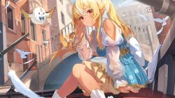  1girl back_bow bird blonde_hair blue_dress bow closed_mouth dark-skinned_female dark_skin day dove dress elf elfriend_(shiranui_flare) falling_feathers feathers game_asset hand_up high_ponytail highres hololive hololive_dreams juliet_sleeves knees_together_feet_apart large_bow long_hair long_sleeves looking_at_viewer multicolored_hair non-web_source official_alternate_costume official_art outdoors pointy_ears ponytail puffy_sleeves second-party_source see-through_clothes see-through_sleeves self-datamine shiranui_flare shiranui_flare_(elven_gale_gondola) short_dress sidelocks sitting smile sola_(solo0730) solo streaked_hair virtual_youtuber white_bow white_streaks 