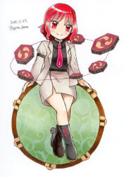  1girl black_boots black_shirt boots closed_mouth collared_shirt commentary_request dated drum horikawa_raiko instrument jacket long_sleeves necktie one-hour_drawing_challenge proton red_eyes red_hair red_necktie shirt short_hair sitting skirt smile solo touhou twitter_username white_jacket white_skirt 