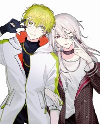  2boys black_collar black_gloves black_nails black_shirt bracelet brown_jacket chain chain_necklace collar commentary_request earrings fingerless_gloves gloves gold_necklace green_eyes green_hair highres hood hood_down jacket jewelry kaida_shion long_hair long_sleeves masaki_hokusai mulin649479 multiple_boys necklace one_eye_closed paradox_live red_eyes ring shirt short_hair smile tongue white_background white_hair white_jacket white_shirt 